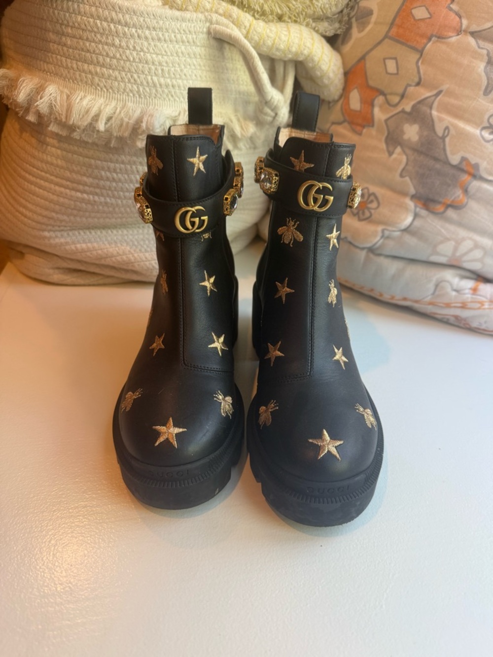 Gucci Black Kids Ankle Boots with Gold Star & Bee Embroidery